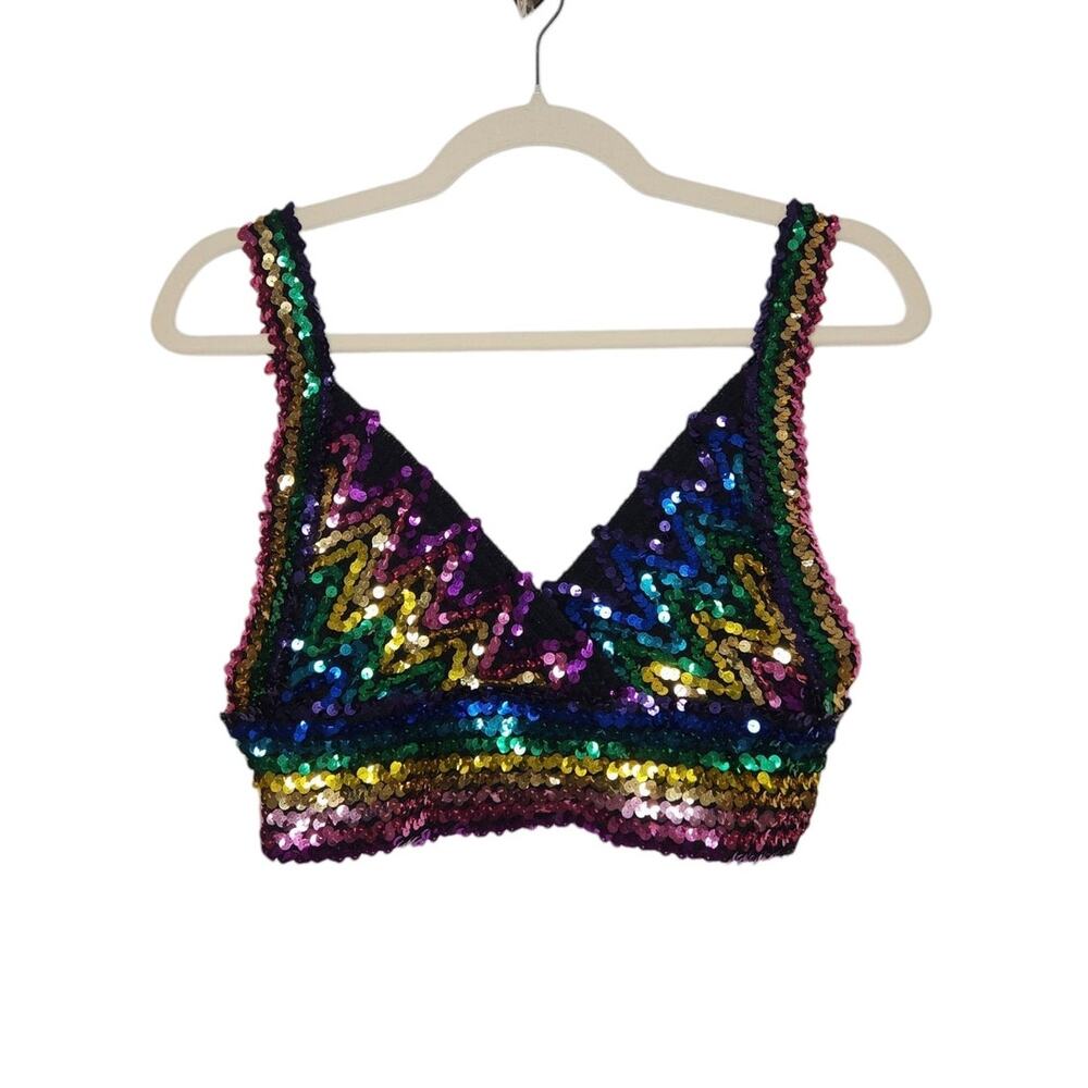Vintage 80s 90s Full Sequence Bralette Tank Top Crop Shirt Groovy Top Style USA